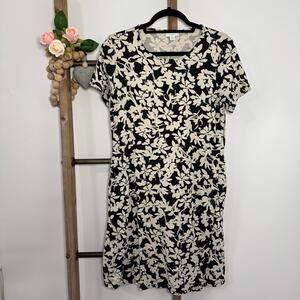 J Jill Floral Black Cream Leaf Short Sleeve Tunic Dress Size Small‎ Petite
